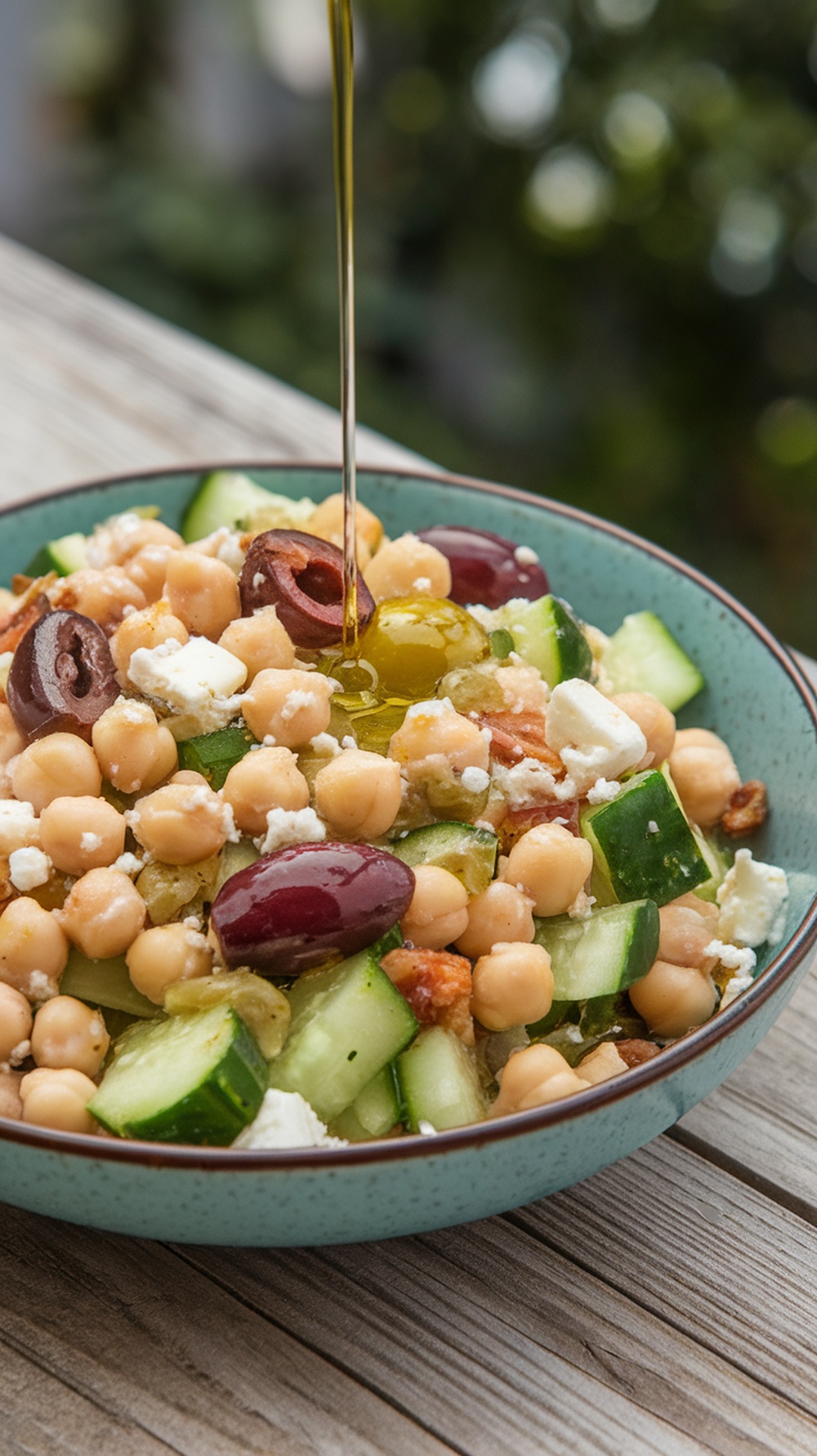A bowl of Mediterranean Chickpea Salad with olive oil being drizzled on top.