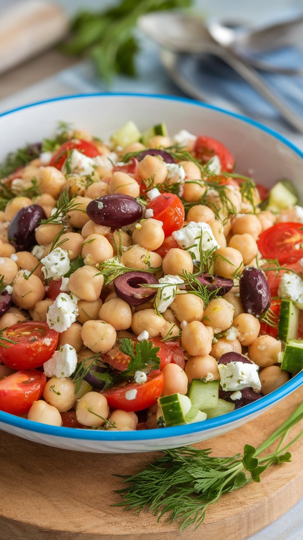 A colorful Mediterranean Chickpea Salad with chickpeas, cherry tomatoes, cucumbers, olives, and feta cheese.