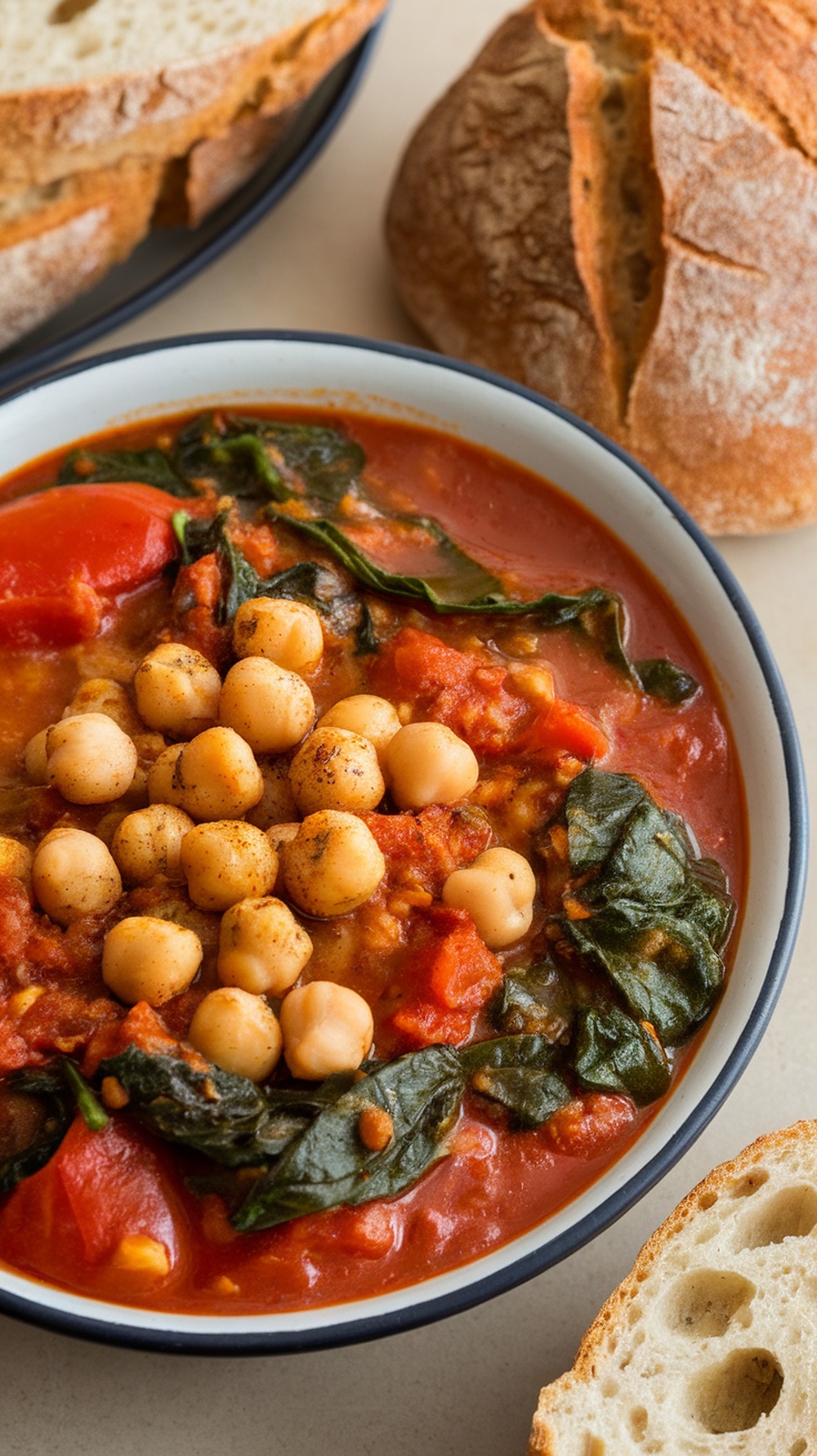 A bowl of Mediterranean chickpea stew with spinach and tomatoes, served with crusty bread.