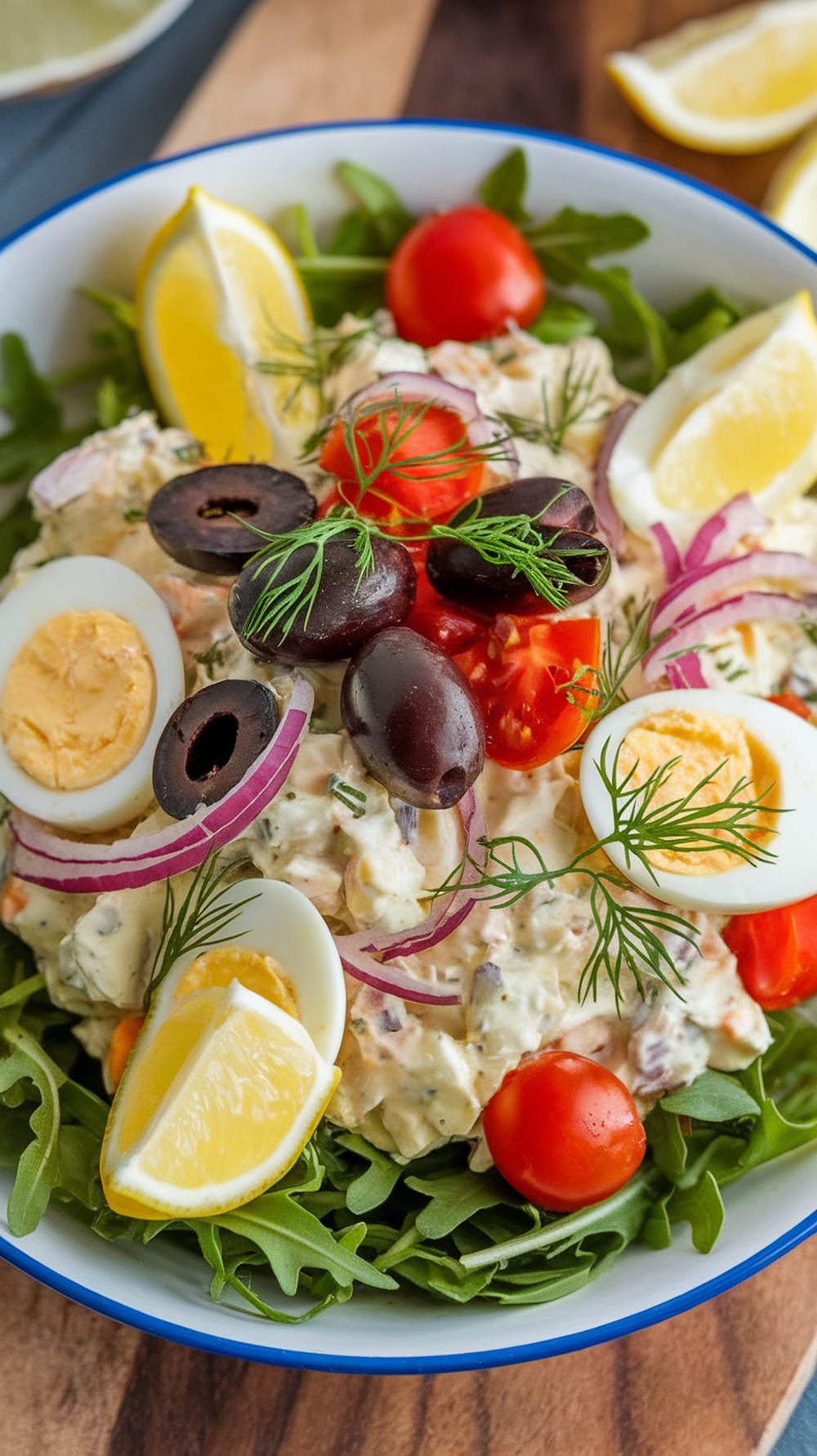 A colorful Mediterranean egg salad with cherry tomatoes, black olives, and lemon wedges on a bed of greens.