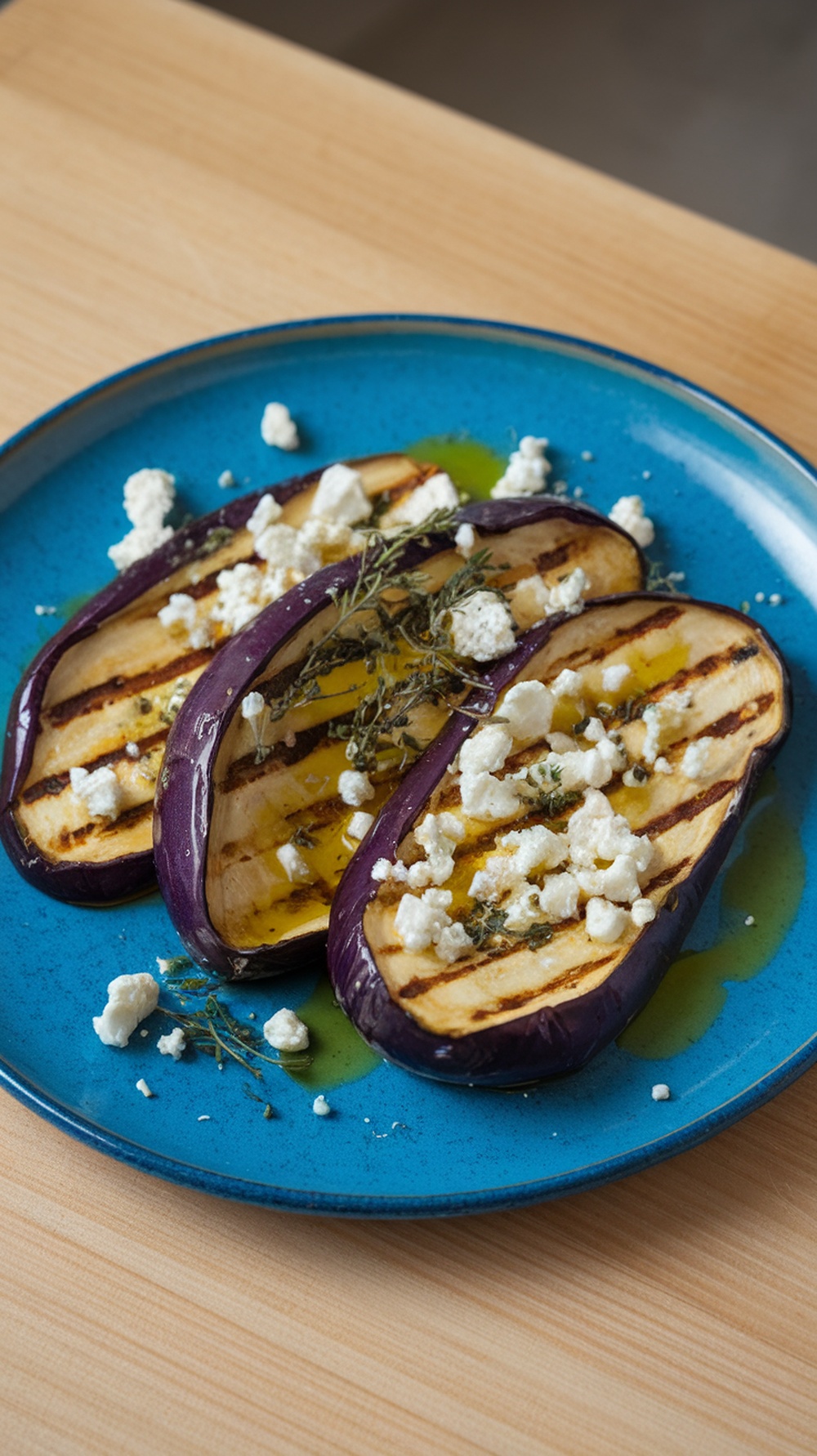 Grilled eggplant slices topped with feta cheese and thyme on a blue plate