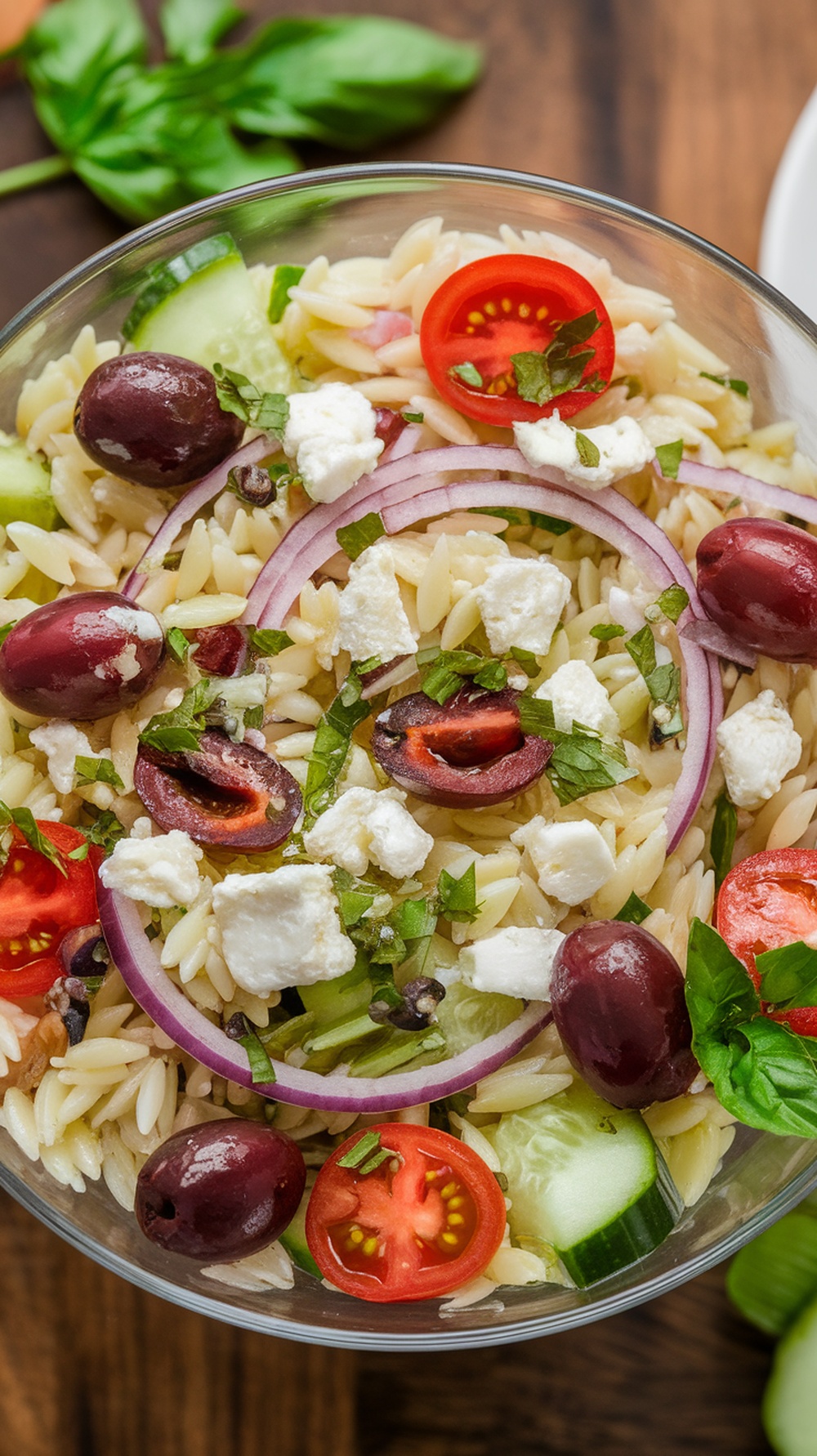 A colorful Mediterranean Orzo Salad with cucumbers, tomatoes, olives, and feta cheese.