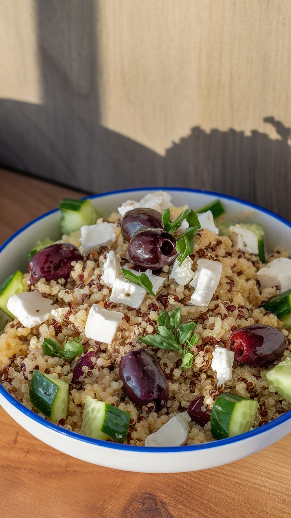 A bowl of Mediterranean quinoa salad with cucumbers, olives, and feta cheese.