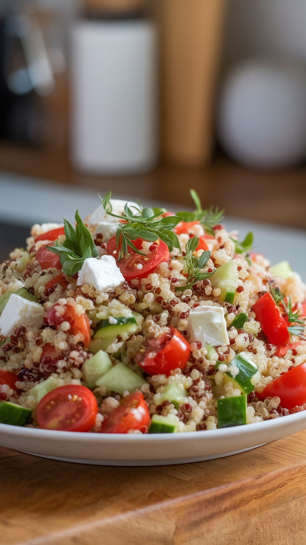 A vibrant Mediterranean Quinoa Salad with tomatoes, cucumbers, and feta cheese.