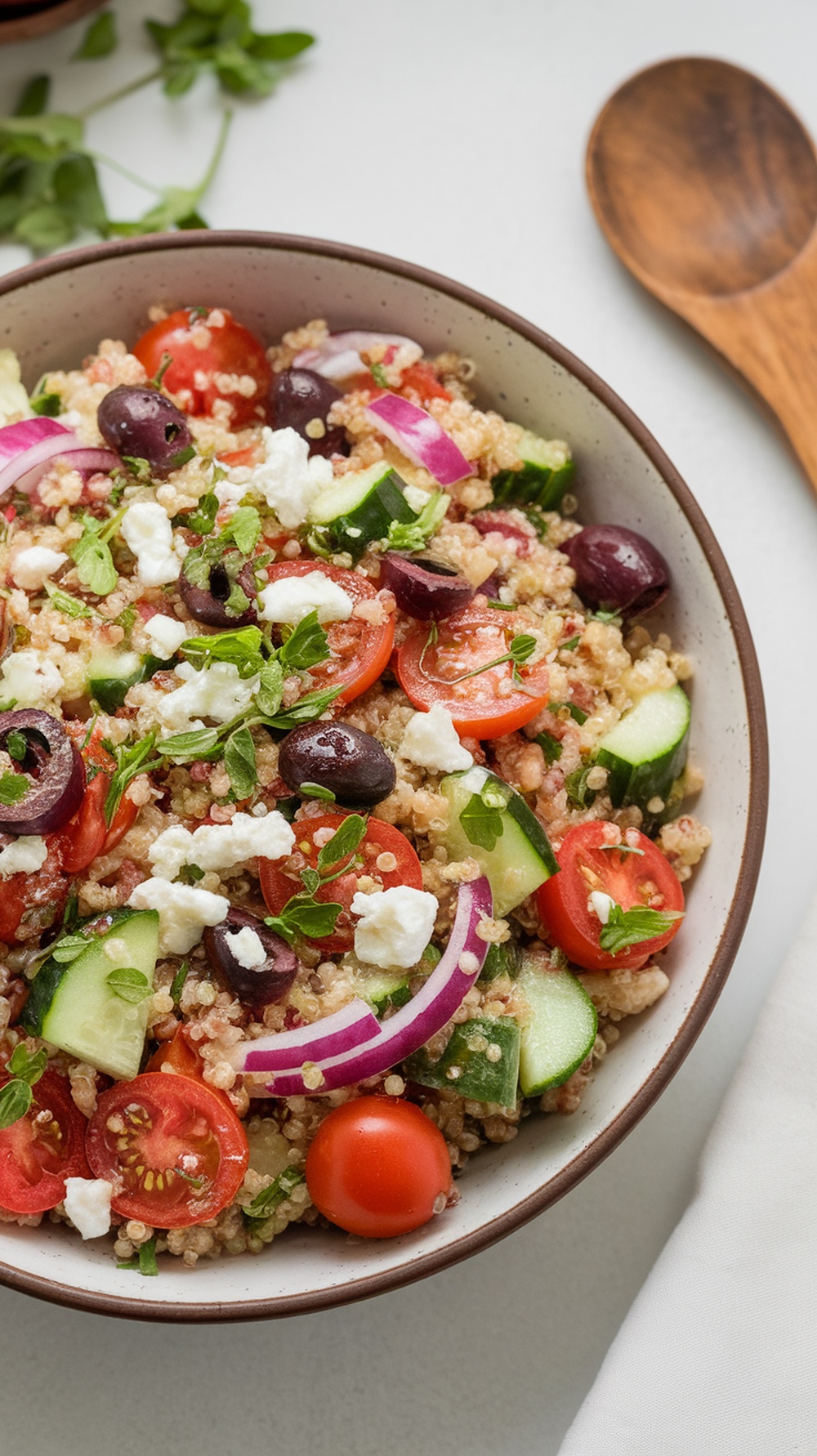 A colorful Mediterranean quinoa salad with feta cheese, olives, cherry tomatoes, and cucumbers in a bowl.