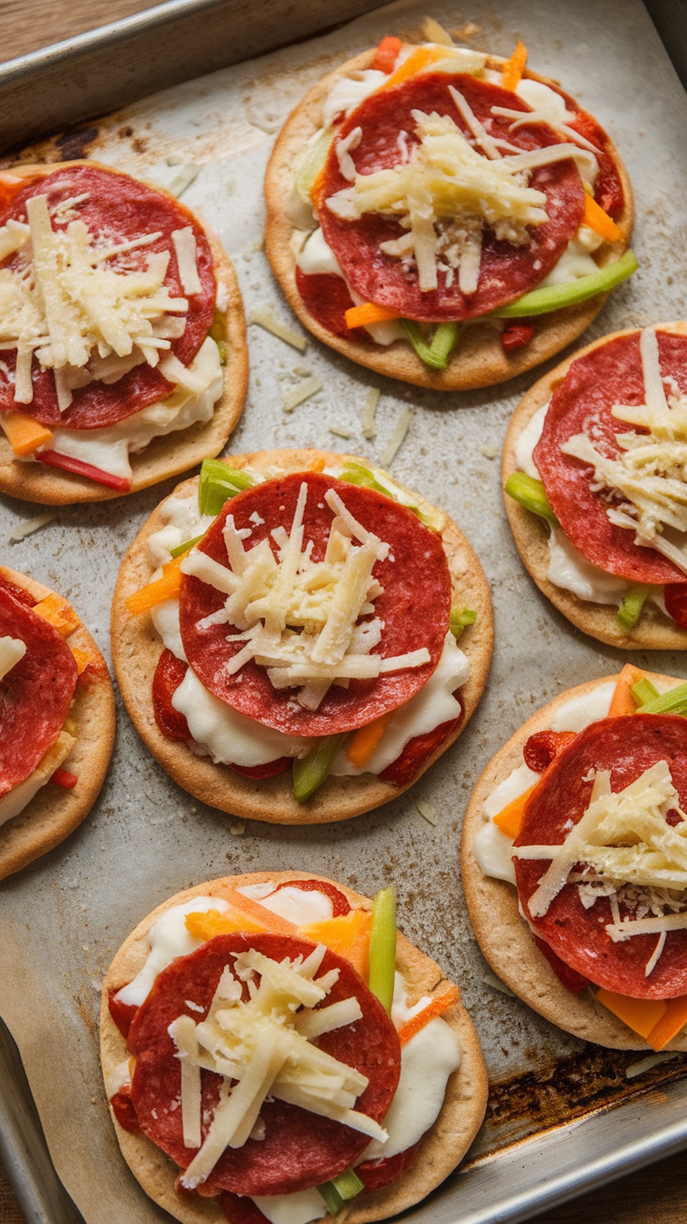 Mini pita pizzas topped with pepperoni, cheese, and colorful vegetables on a baking tray.