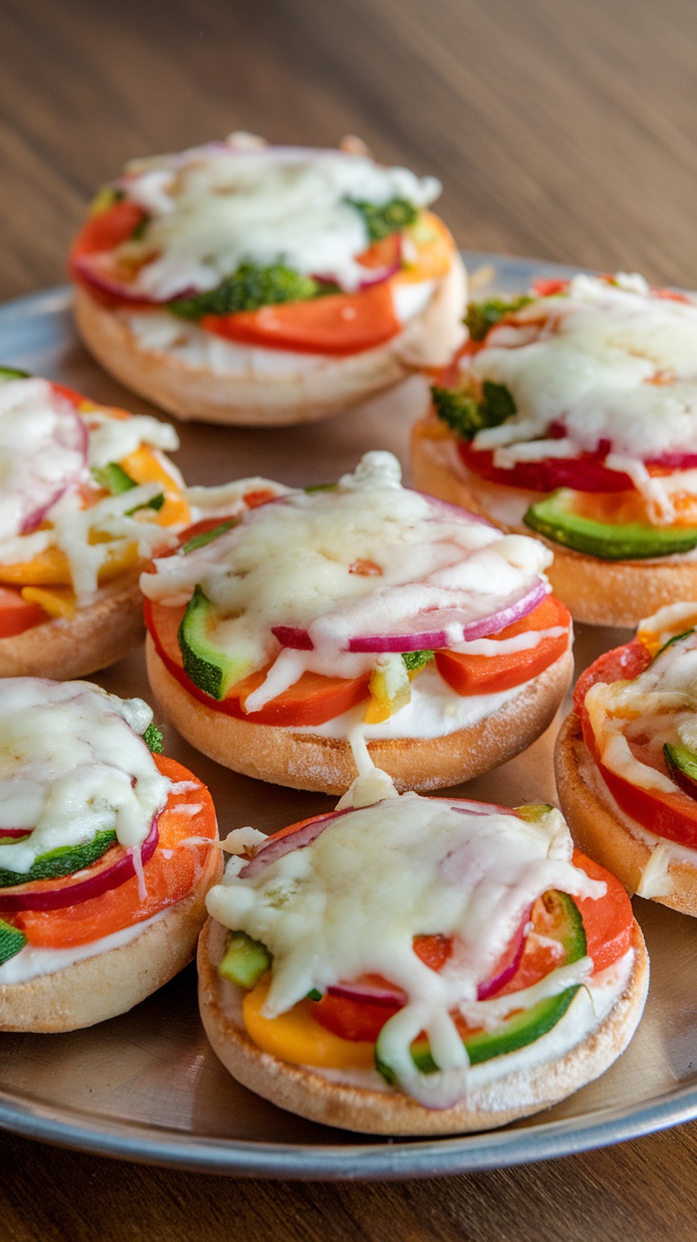 A platter of mini veggie pizzas on English muffins topped with colorful vegetables and melted cheese.