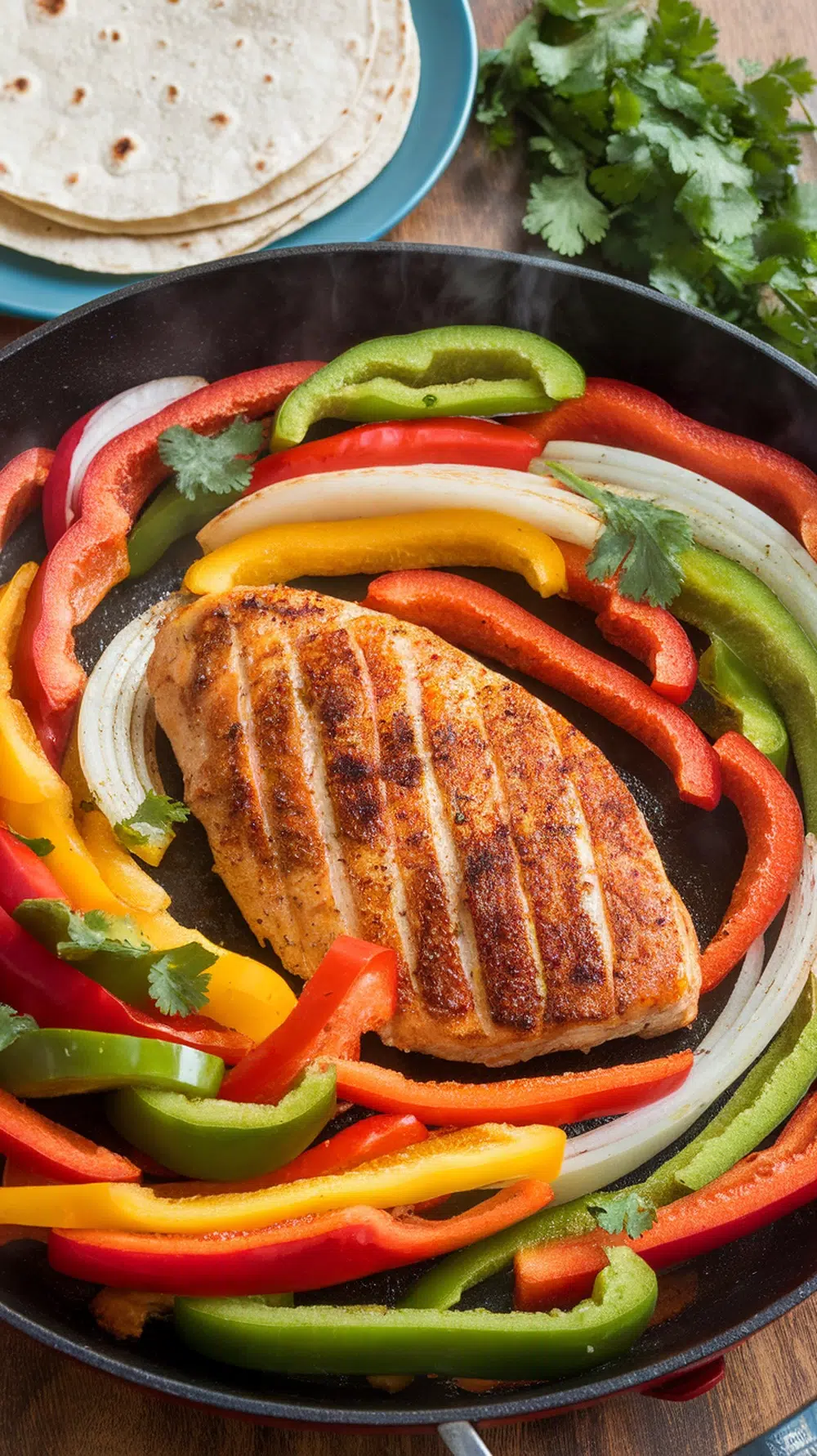 A pan with cooked chicken breast surrounded by colorful bell peppers and onions, with tortillas on the side.