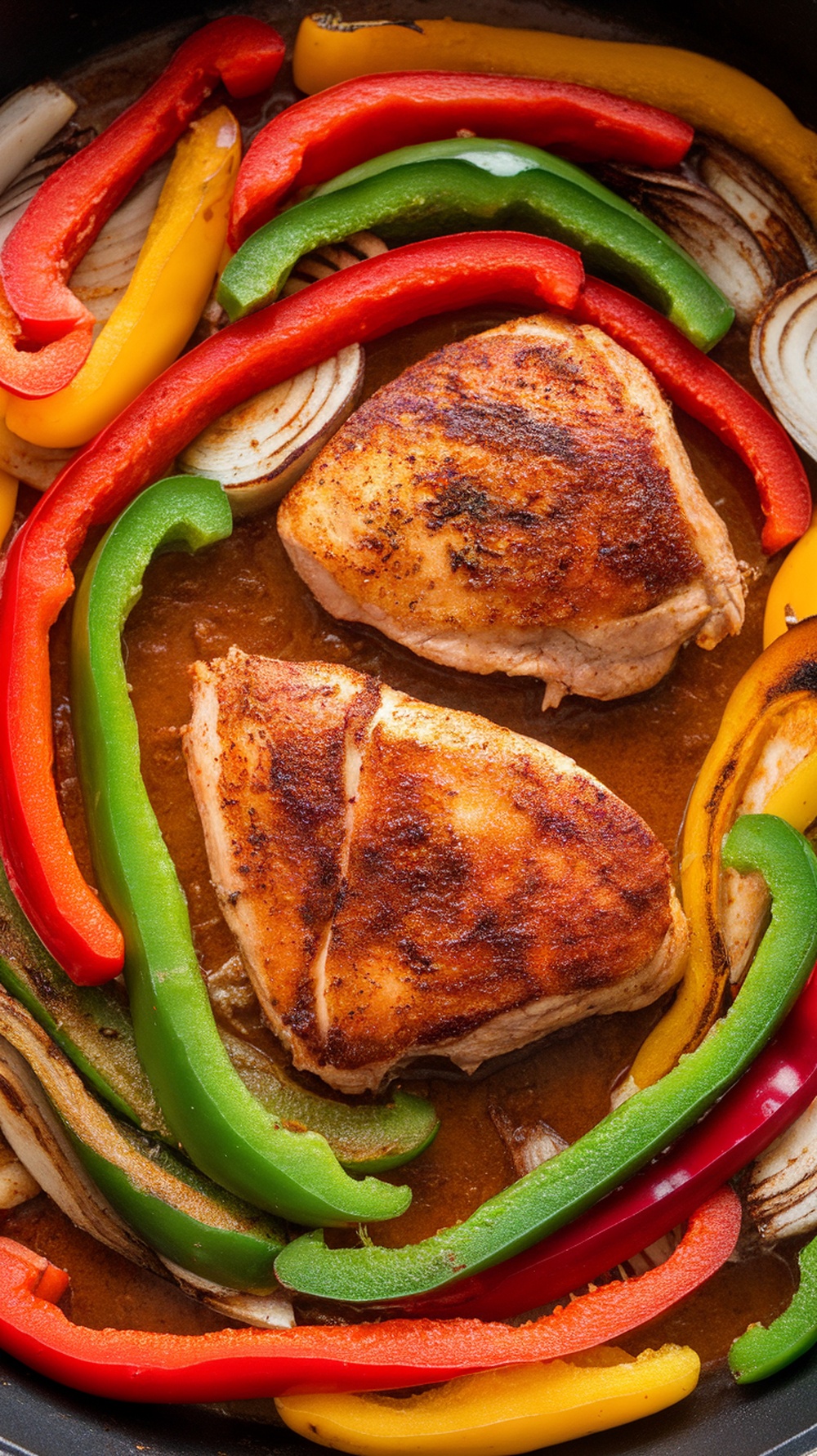 A colorful one-pan chicken fajita dish with sliced bell peppers and chicken breasts.
