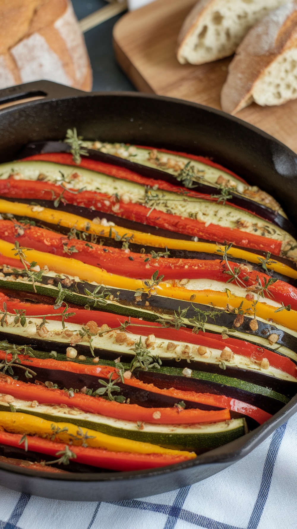 A colorful one-pan ratatouille with layers of sliced vegetables including zucchini, eggplant, and bell peppers, garnished with herbs.