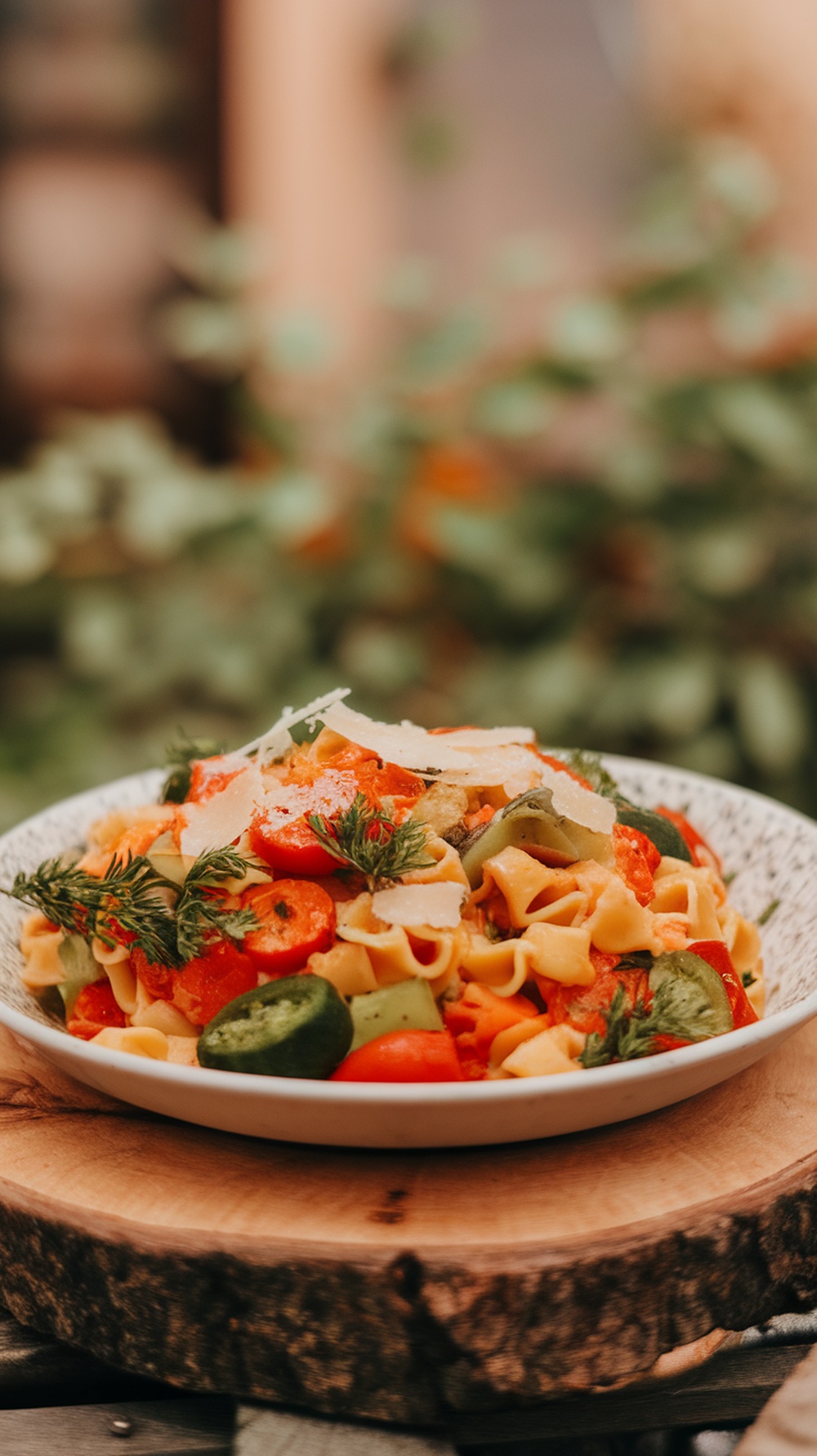 A colorful plate of Pasta Primavera with seasonal vegetables, garnished with herbs and cheese.