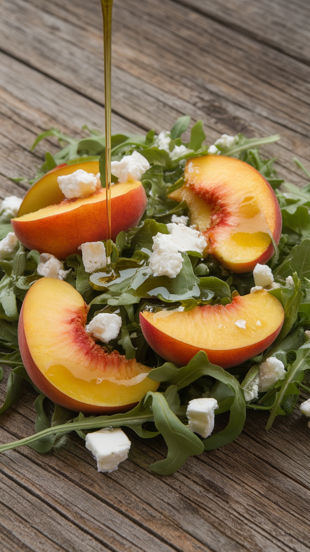 A fresh peach and arugula salad topped with feta cheese and olive oil on a wooden table.