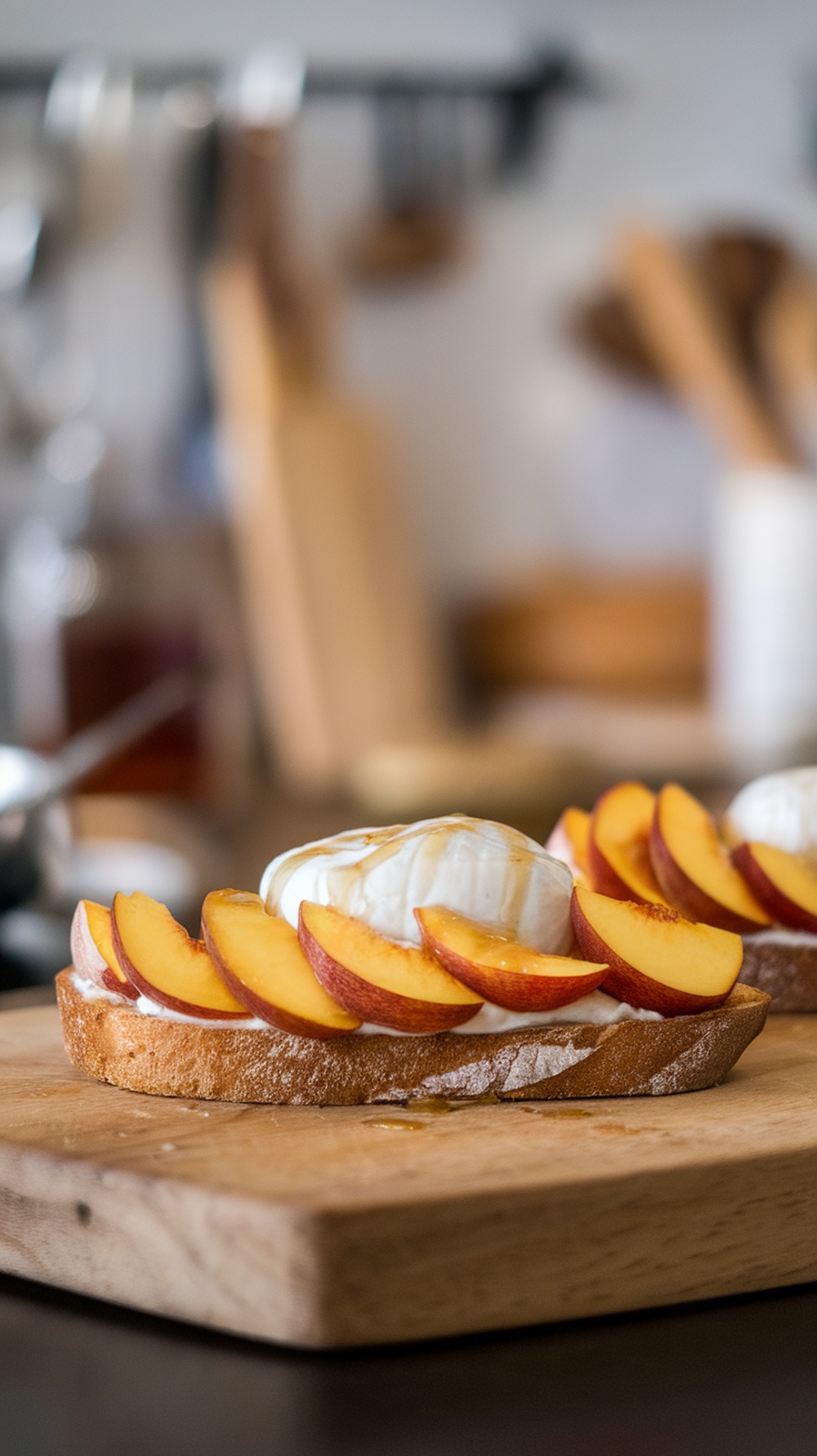 A slice of toast topped with burrata cheese and fresh peach slices on a wooden board.