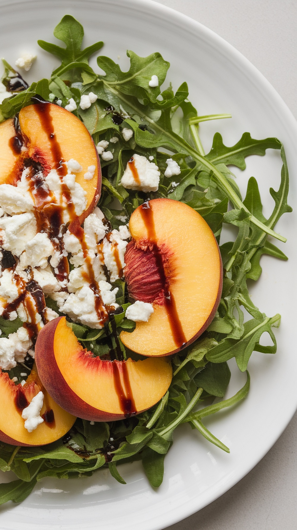 A fresh Peach and Feta Salad with arugula and balsamic glaze on a white plate.