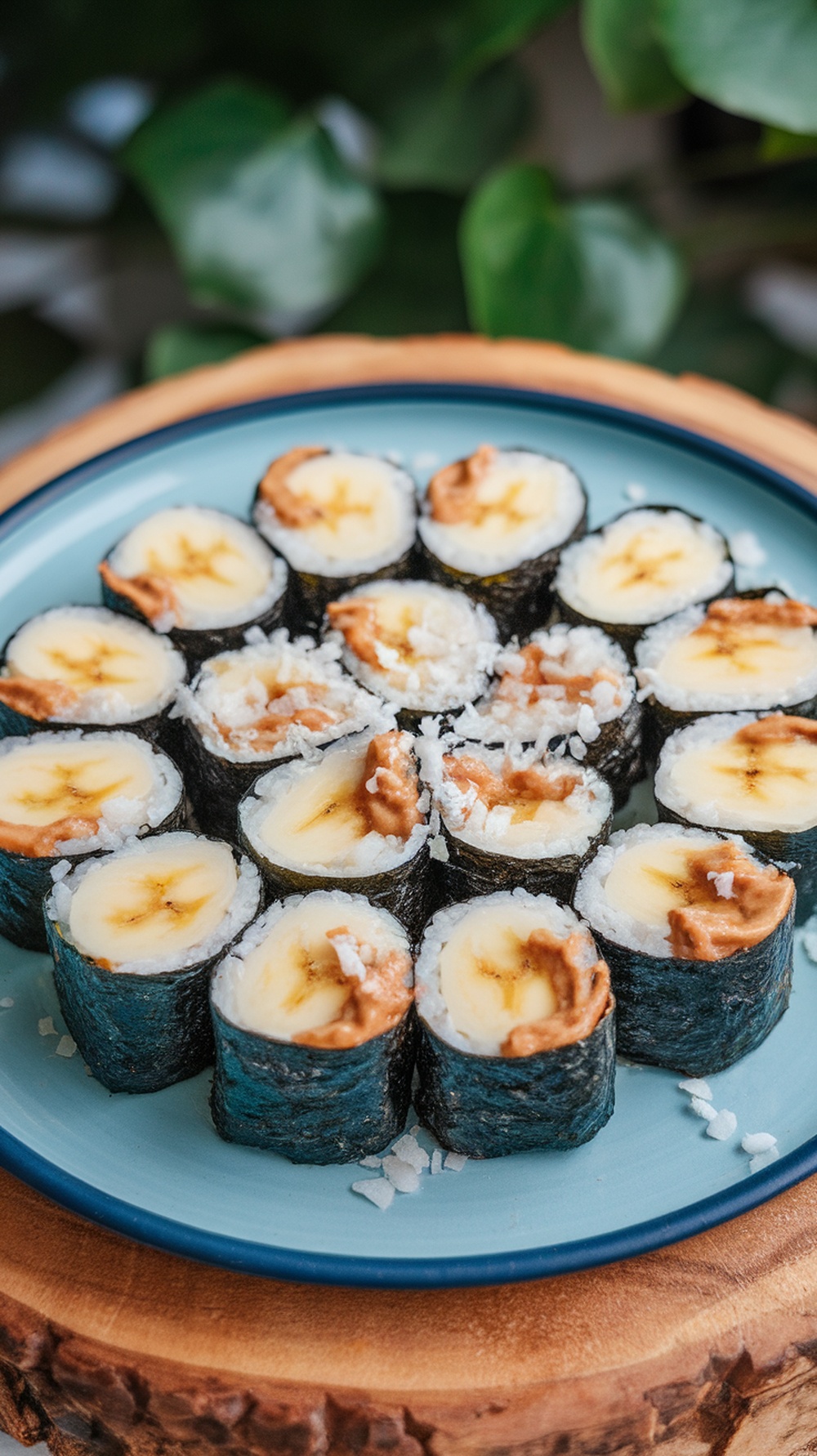 Peanut Butter Banana Sushi Rolls on a blue plate