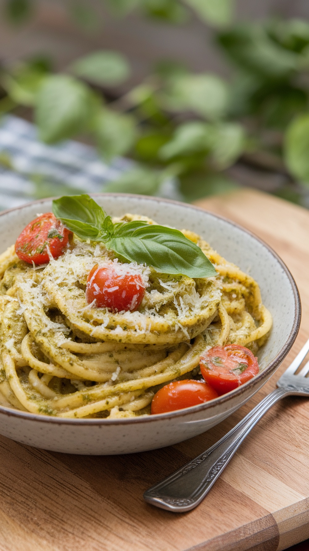 A bowl of pesto pasta topped with cherry tomatoes and basil