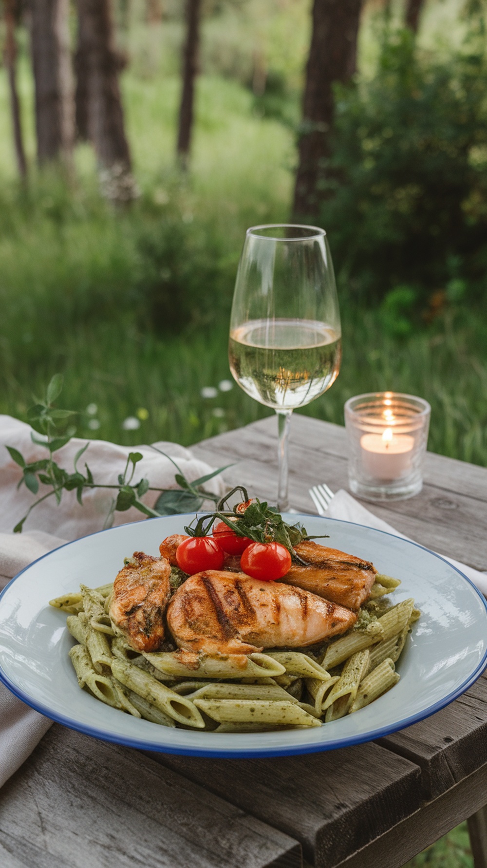 A plate of Pesto Penne with Grilled Chicken, garnished with cherry tomatoes, set outdoors with a glass of white wine.