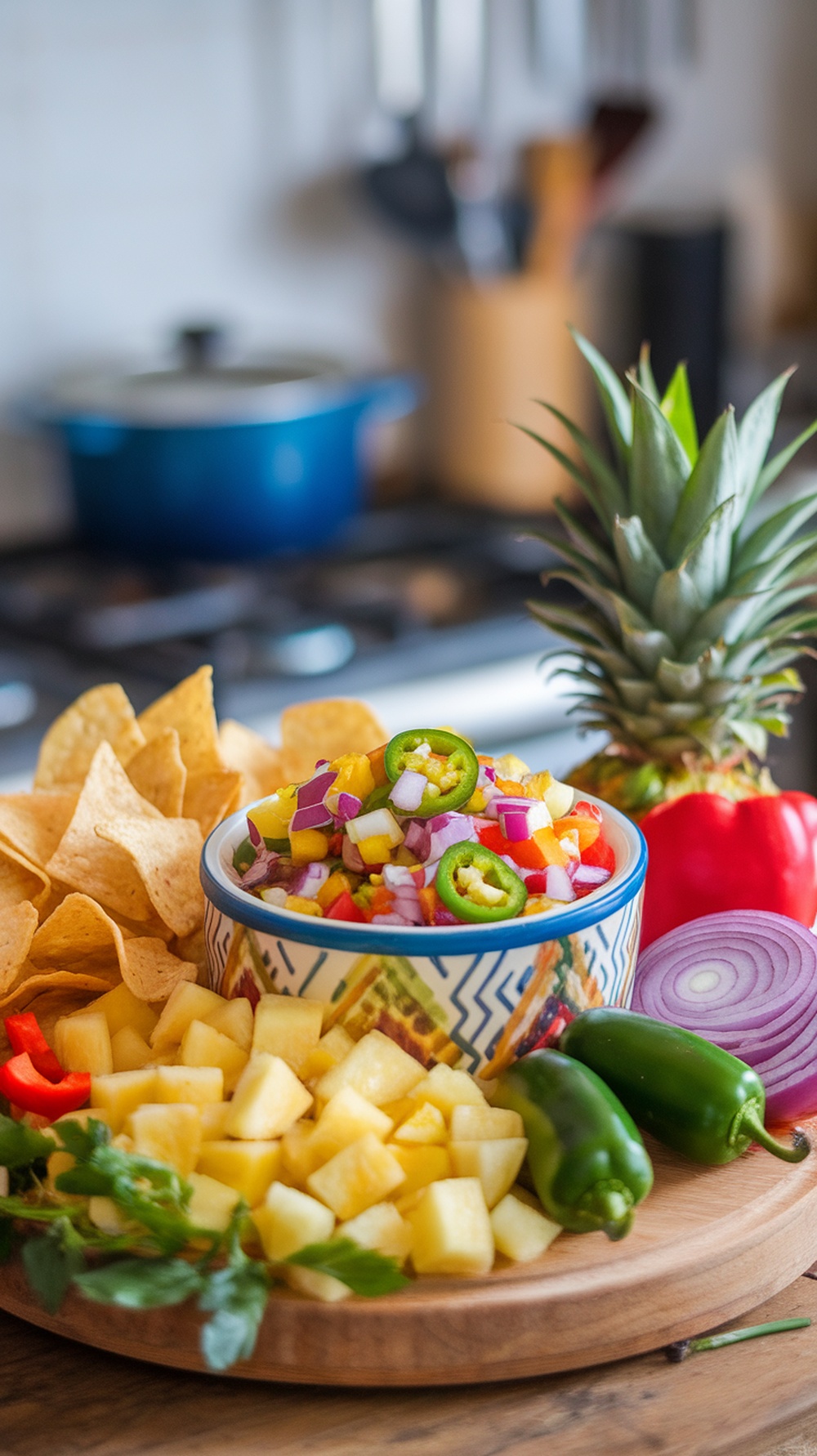 A vibrant bowl of pineapple jalapeño salsa surrounded by fresh ingredients and tortilla chips.