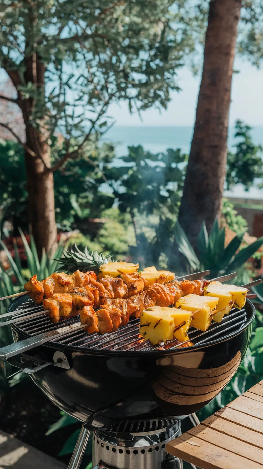 Grilled pineapple teriyaki chicken skewers on a barbecue grill