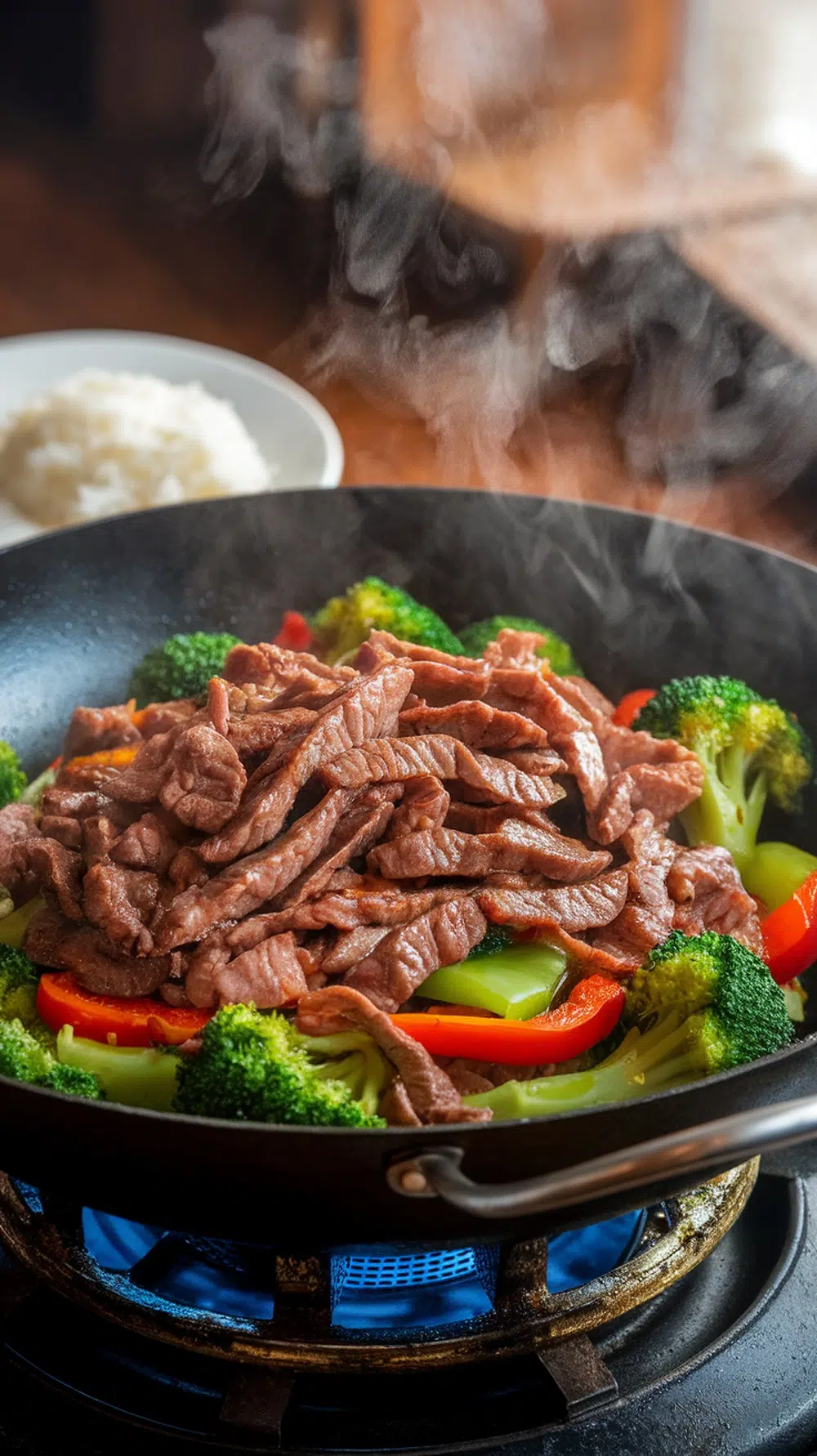 A delicious beef stir-fry with broccoli and bell peppers in a pan, with rice on the side.