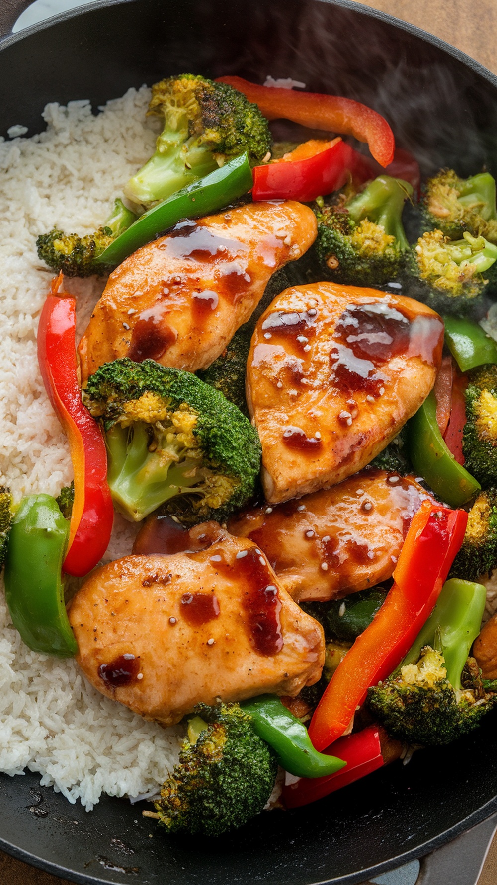 A colorful chicken stir-fry with broccoli and bell peppers served over rice.