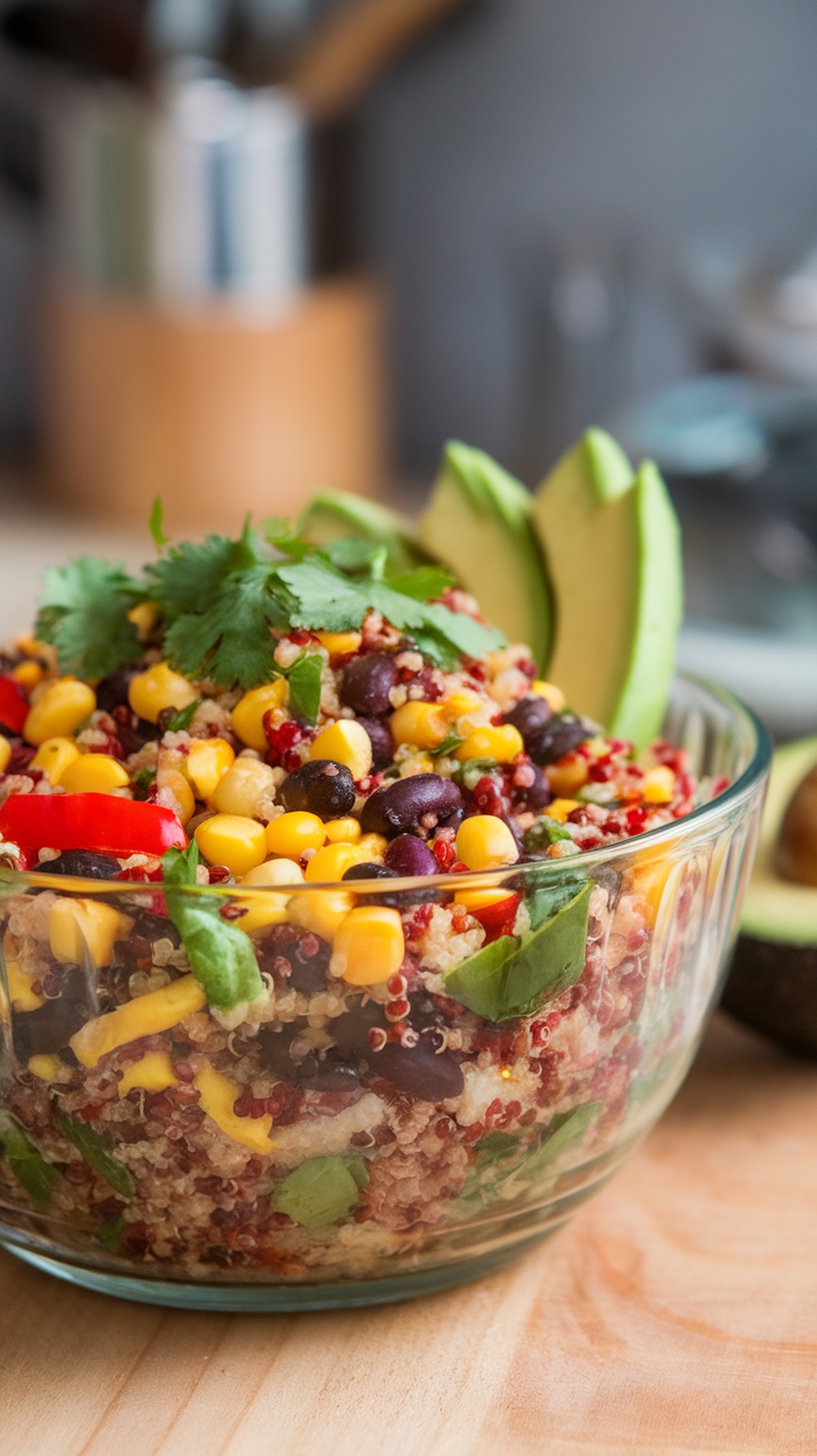 A colorful quinoa and black bean salad with corn, bell peppers, and avocado, served in a glass bowl.