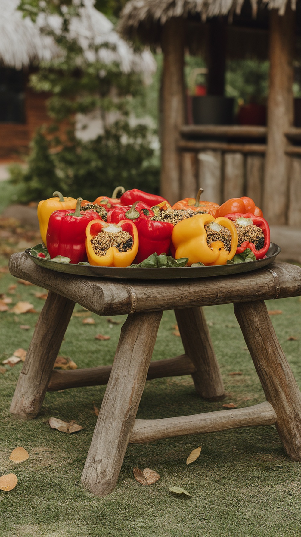 Colorful stuffed bell peppers filled with quinoa and black beans on a wooden table.