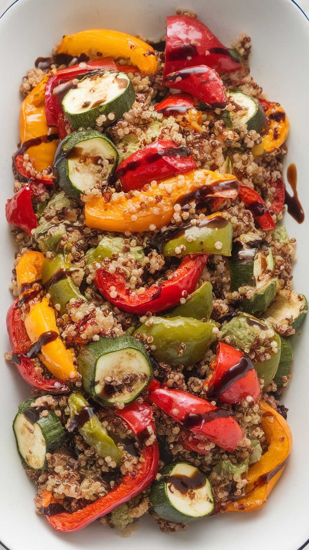 A colorful quinoa salad with roasted vegetables including red, yellow, and green peppers, and zucchini.