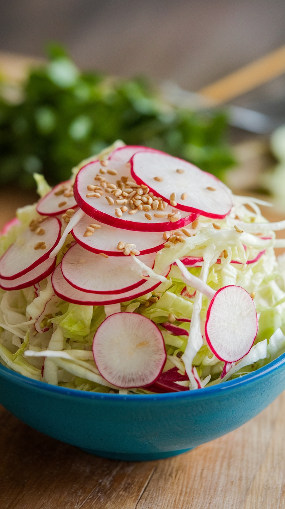A colorful bowl of radish and cabbage slaw topped with sesame seeds.