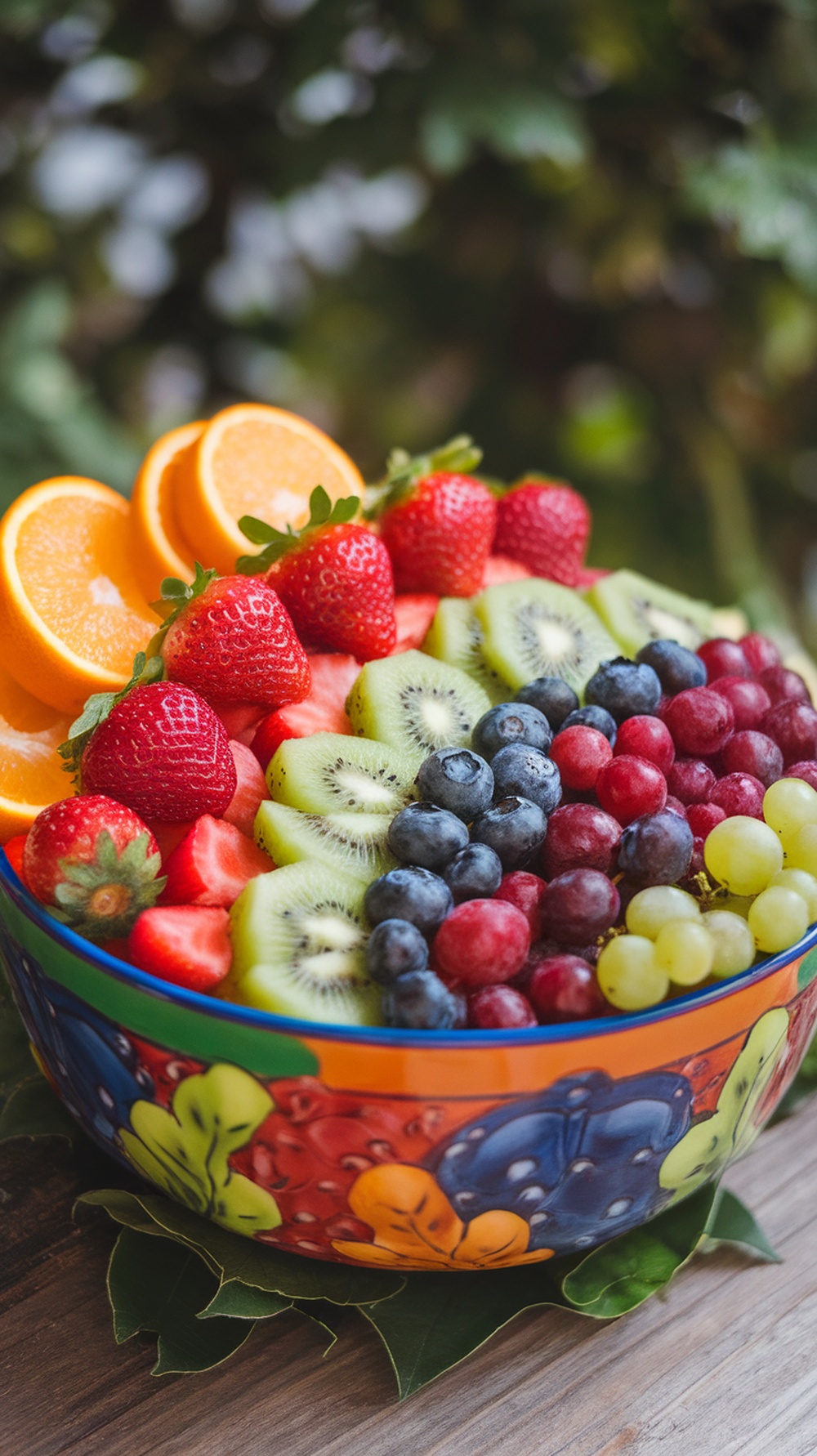 A colorful bowl of rainbow fruit salad featuring strawberries, blueberries, kiwi, green grapes, watermelon, and orange slices.