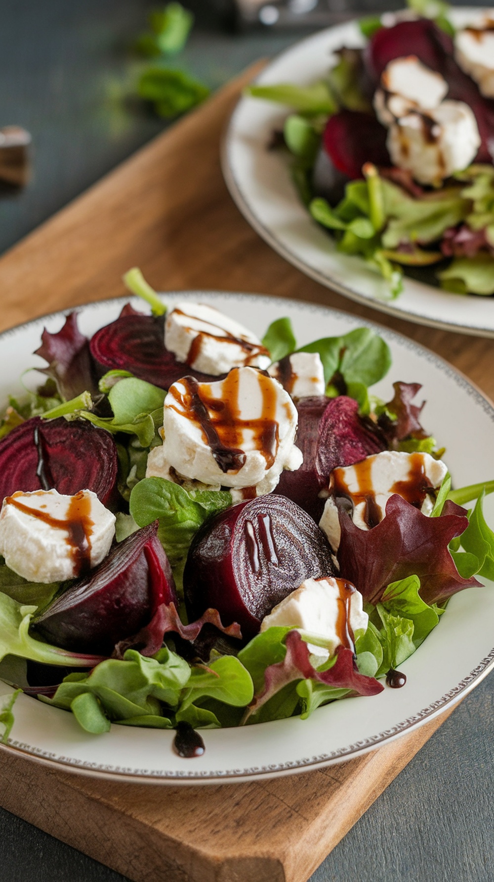 A plate of roasted beet and goat cheese salad with mixed greens and balsamic drizzle.