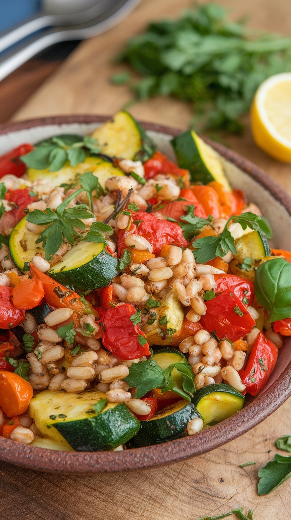 A colorful bowl of roasted vegetable and farro salad with zucchini, bell peppers, and cherry tomatoes.