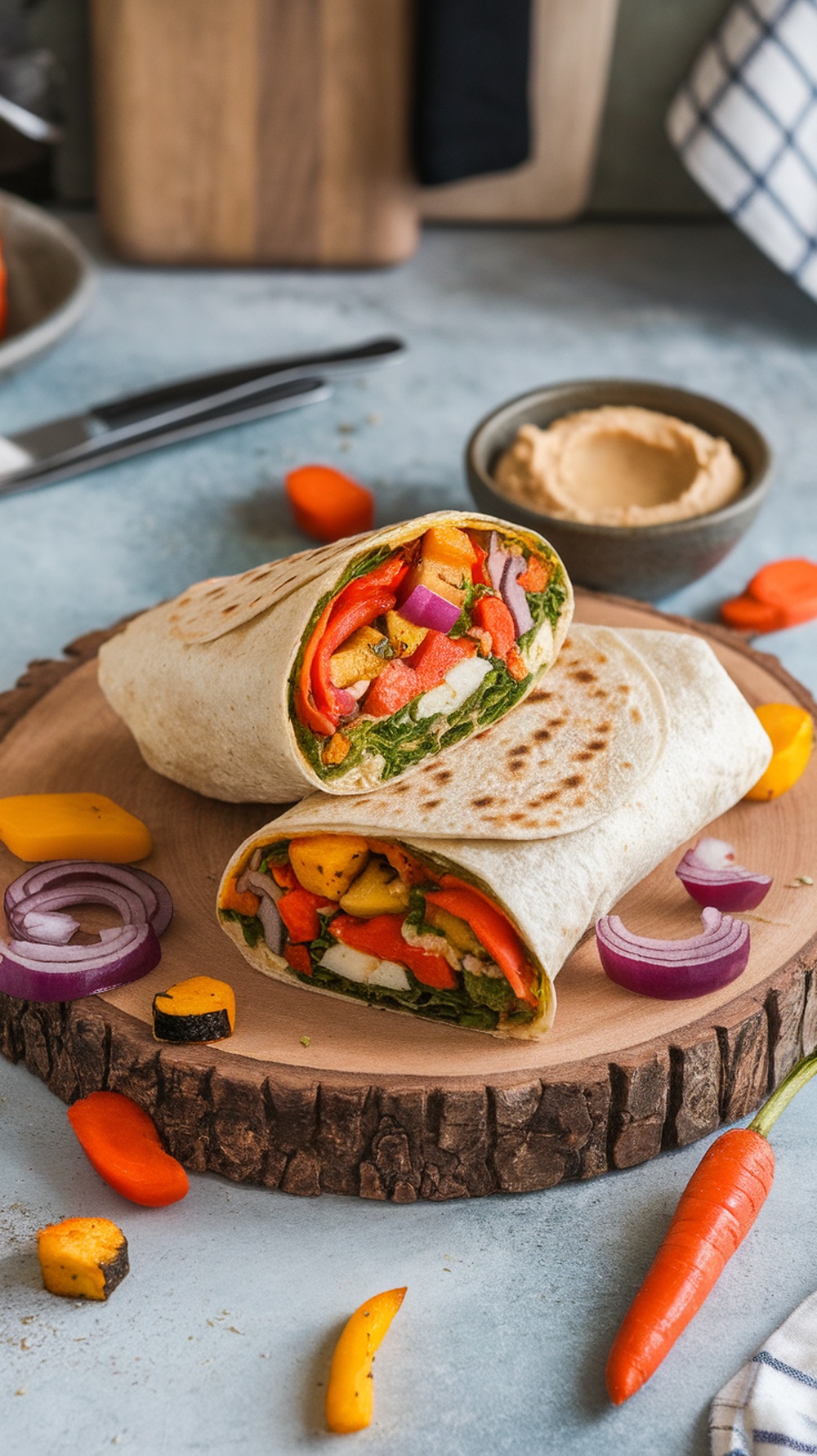 A roasted vegetable and hummus wrap cut in half, showcasing colorful vegetables inside, placed on a wooden board with hummus on the side.