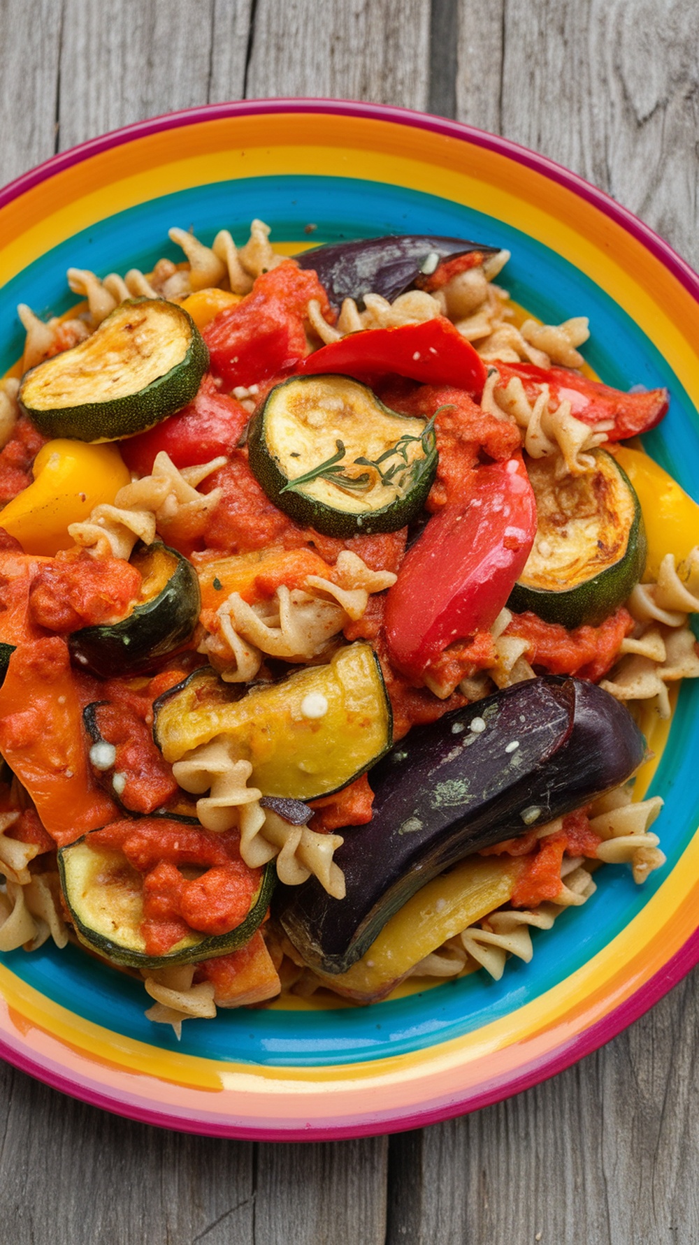 A colorful bowl of roasted vegetable pasta featuring zucchini, bell peppers, and eggplant on a vibrant plate.