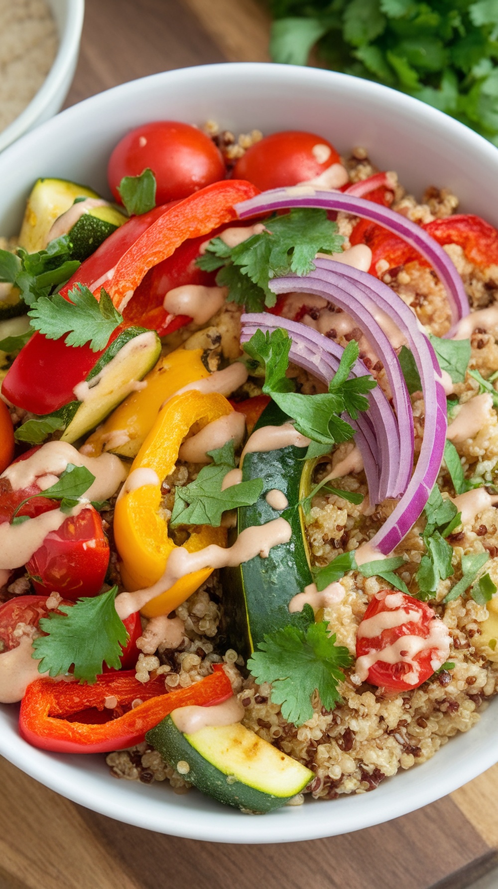 A colorful bowl of roasted vegetables and quinoa, garnished with fresh herbs and a creamy sauce.