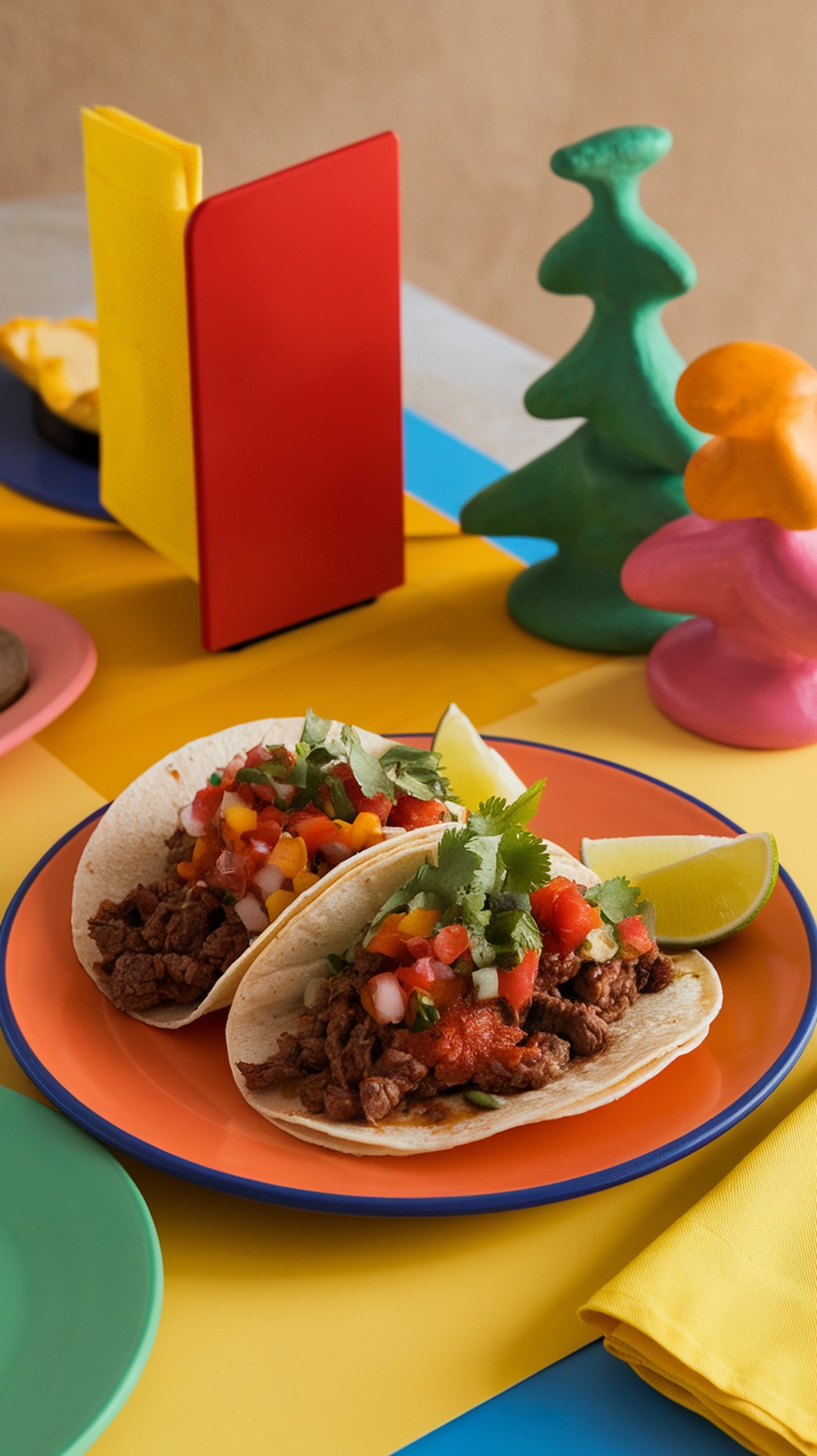 Two savory beef tacos topped with fresh salsa on a colorful plate, surrounded by vibrant decorations.