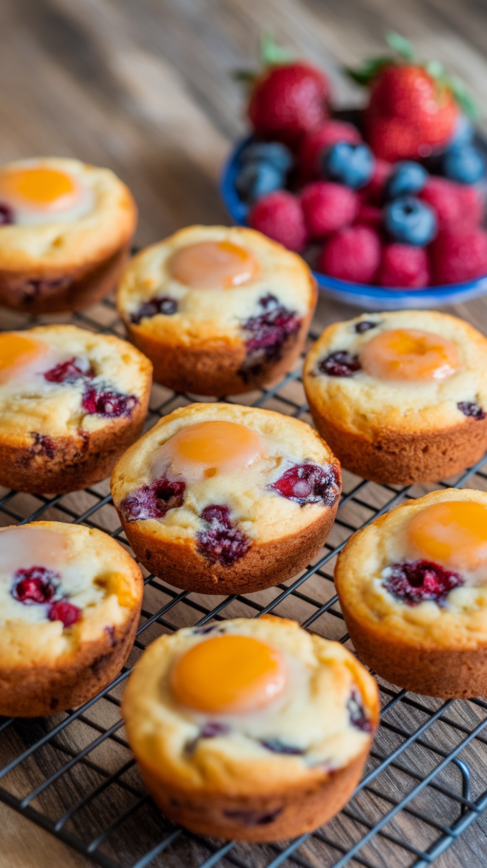 Savory egg and cheese muffins on a cooling rack with fresh berries in the background.