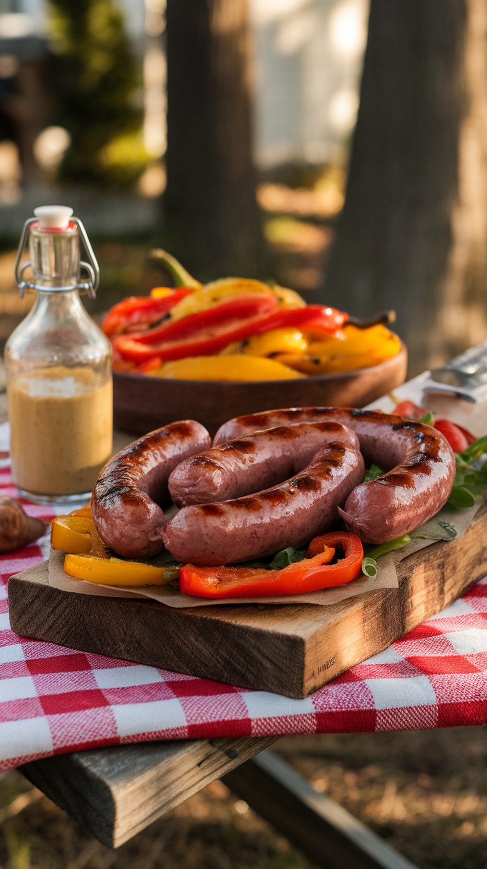 Grilled sausages with peppers on a wooden board, with mustard and a bowl of peppers in the background.