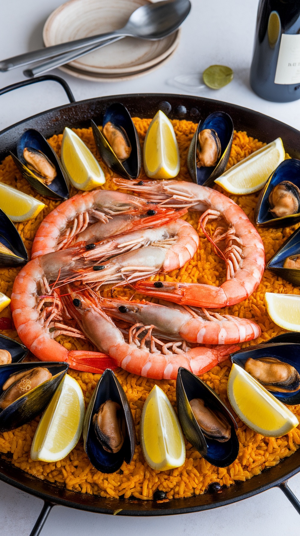 A vibrant seafood paella with shrimp, mussels, and saffron rice, garnished with lemon wedges.