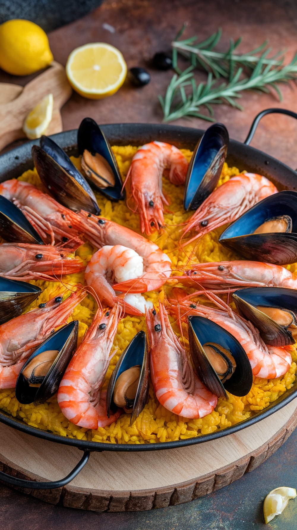 A vibrant seafood paella with shrimp and mussels on saffron rice, garnished with lemon and rosemary.
