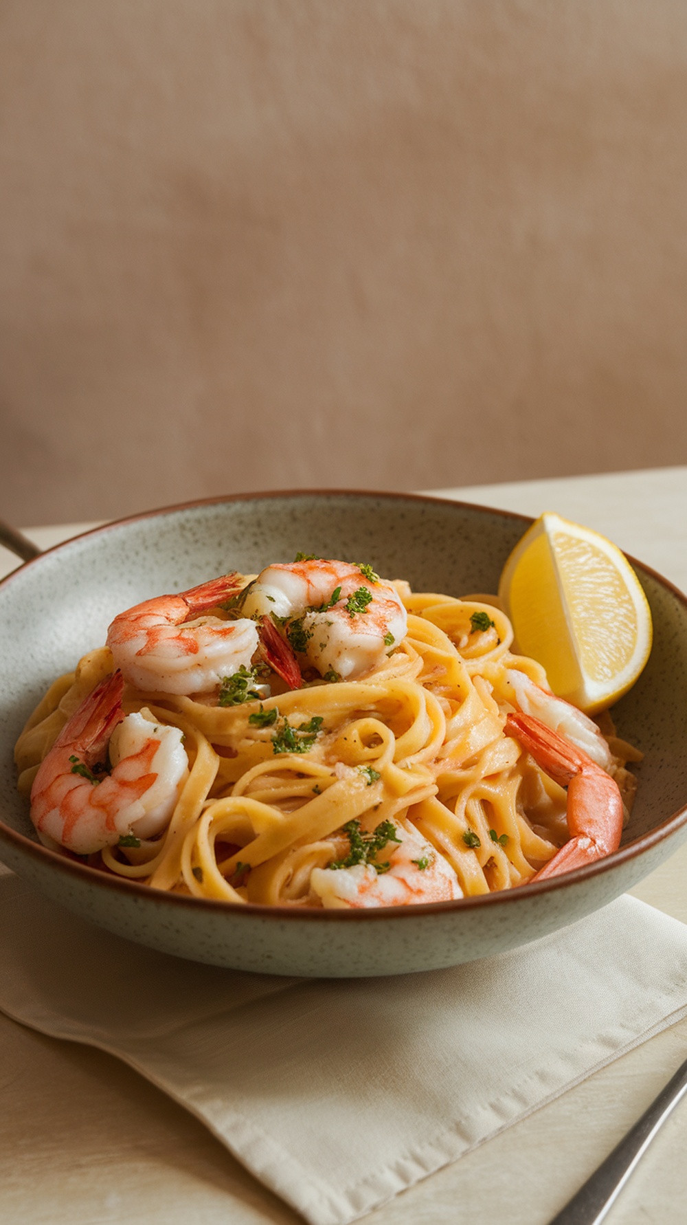 A bowl of Shrimp Scampi Linguine with shrimp, parsley, and a lemon wedge.