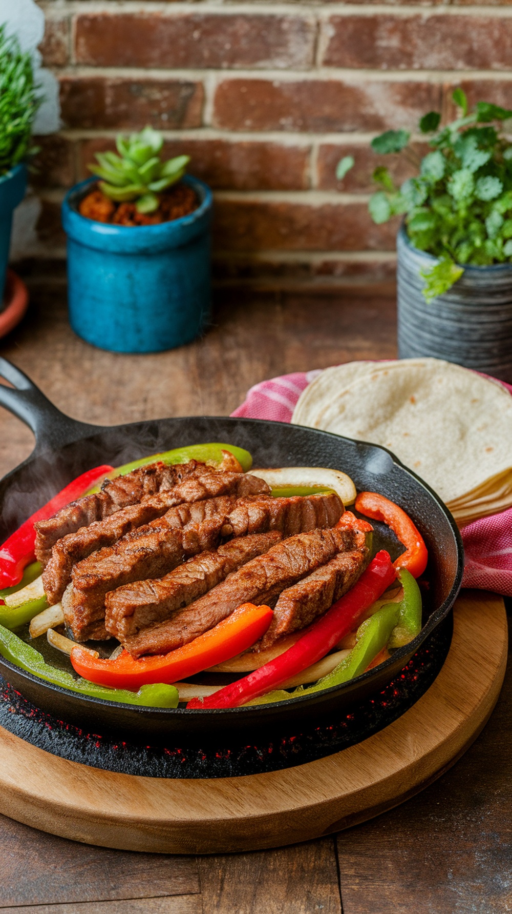 A sizzling skillet of fajitas with peppers and onions, served with tortillas.