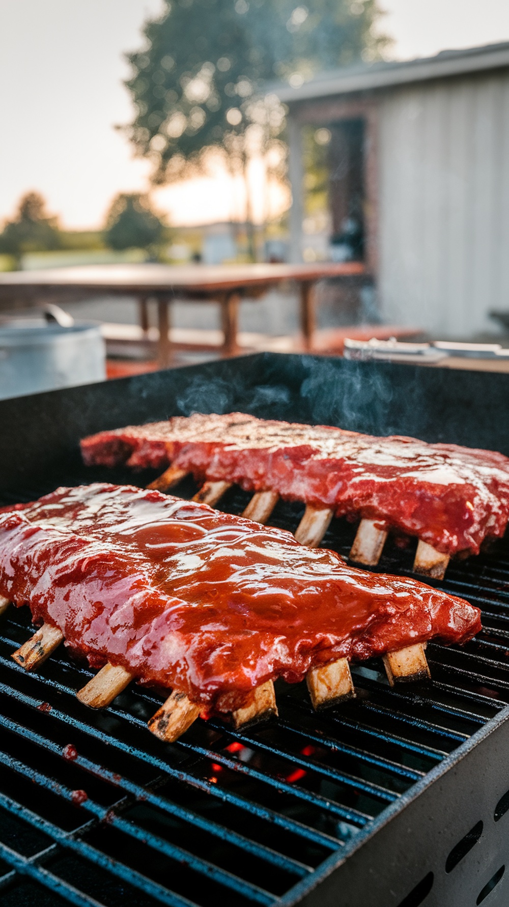 Grilled spicy BBQ ribs with homemade sauce on a grill
