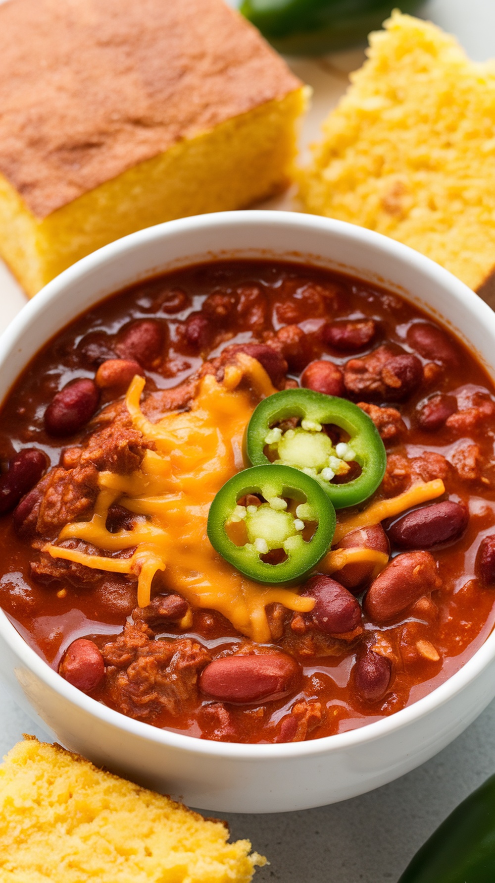 A bowl of spicy beef chili with beans, topped with cheese and jalapeños, served with cornbread.