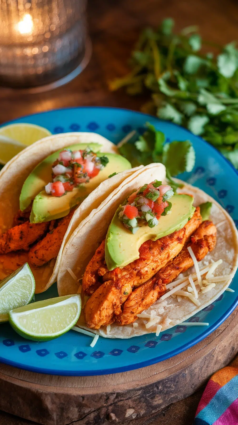 Spicy chicken tacos with avocado, pico de gallo, and lime on a blue plate.
