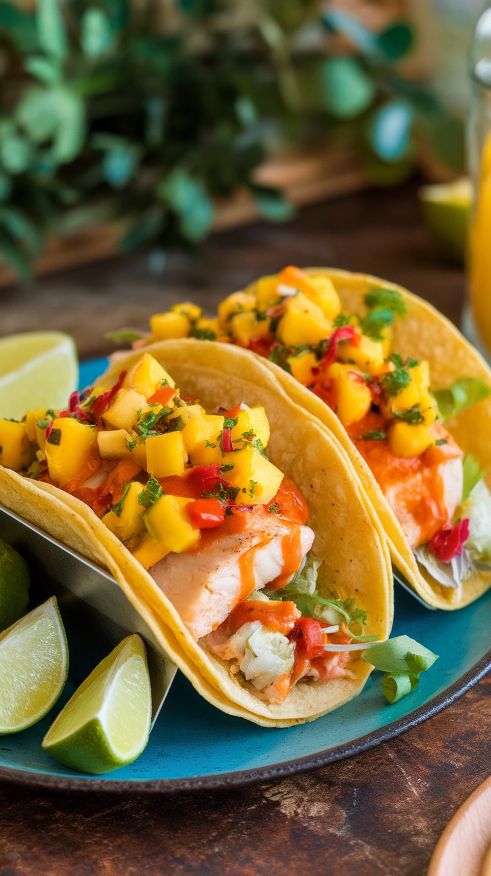 Spicy fish tacos topped with mango salsa, served with lime wedges