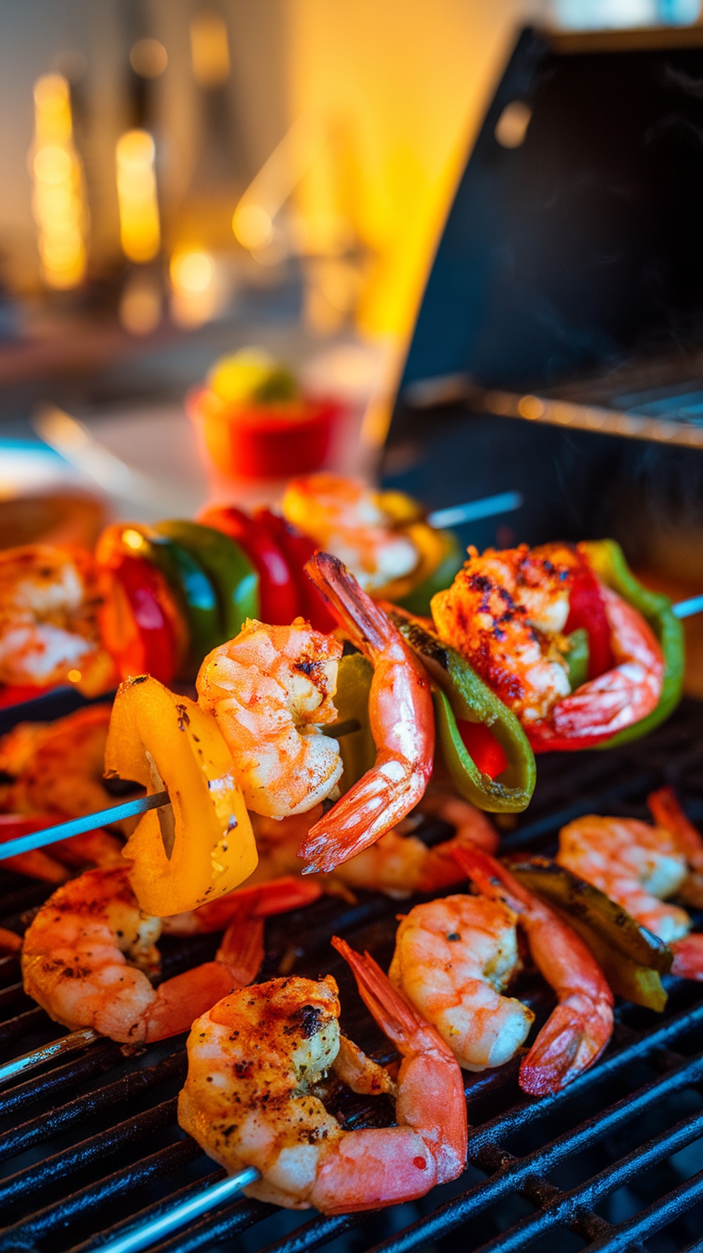 Grilled shrimp skewers with colorful bell peppers on a barbecue grill.