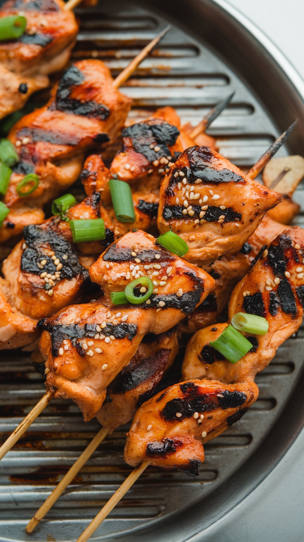 Spicy Korean BBQ Chicken Skewers on a grill, garnished with green onions and sesame seeds.