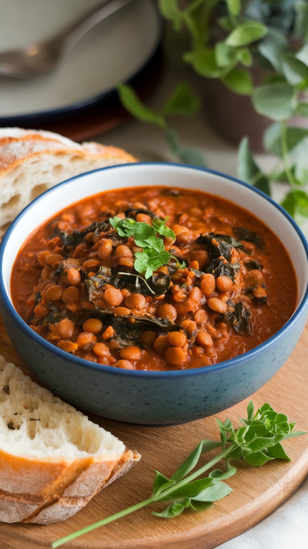 A bowl of spicy lentil and spinach stew with a slice of bread on the side.