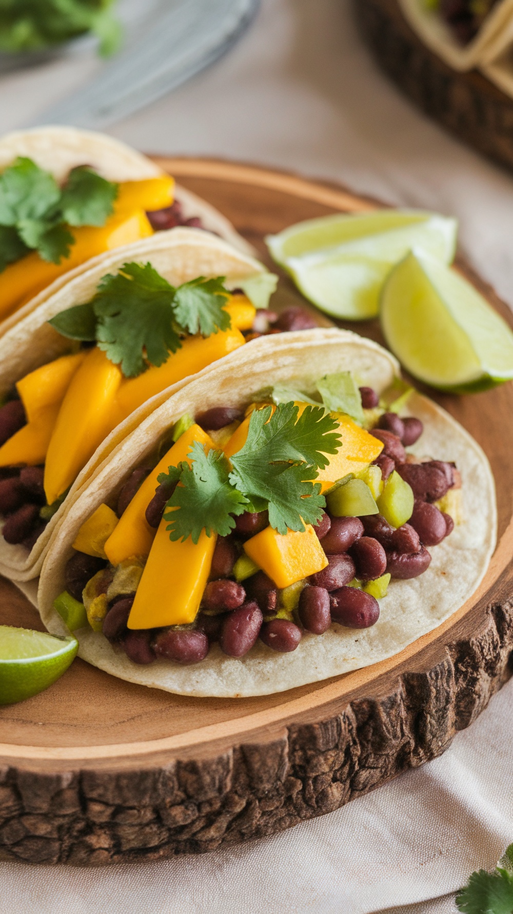 Spicy Mango and Black Bean Tacos on a wooden plate with lime wedges